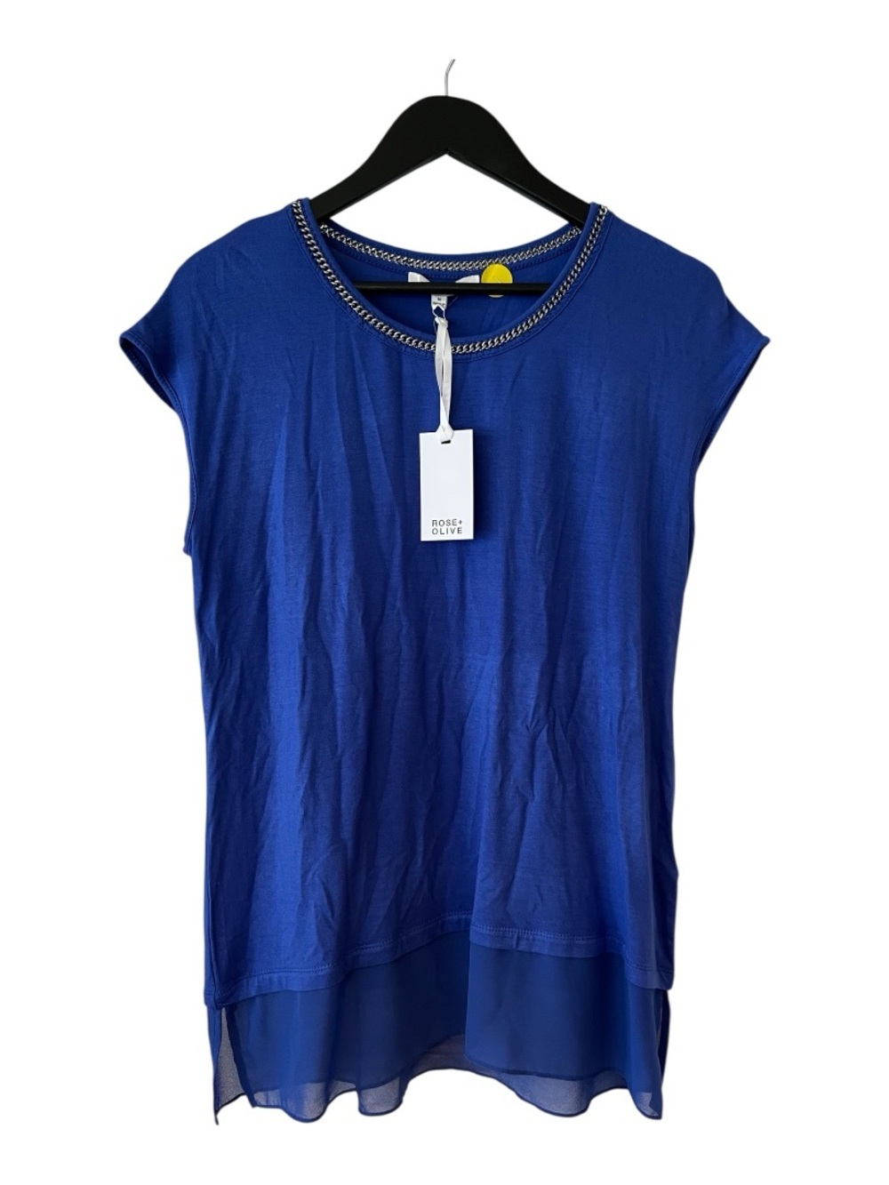NWT Rose & Olive Blue Short Sleeve Chiffon Hem Top- M